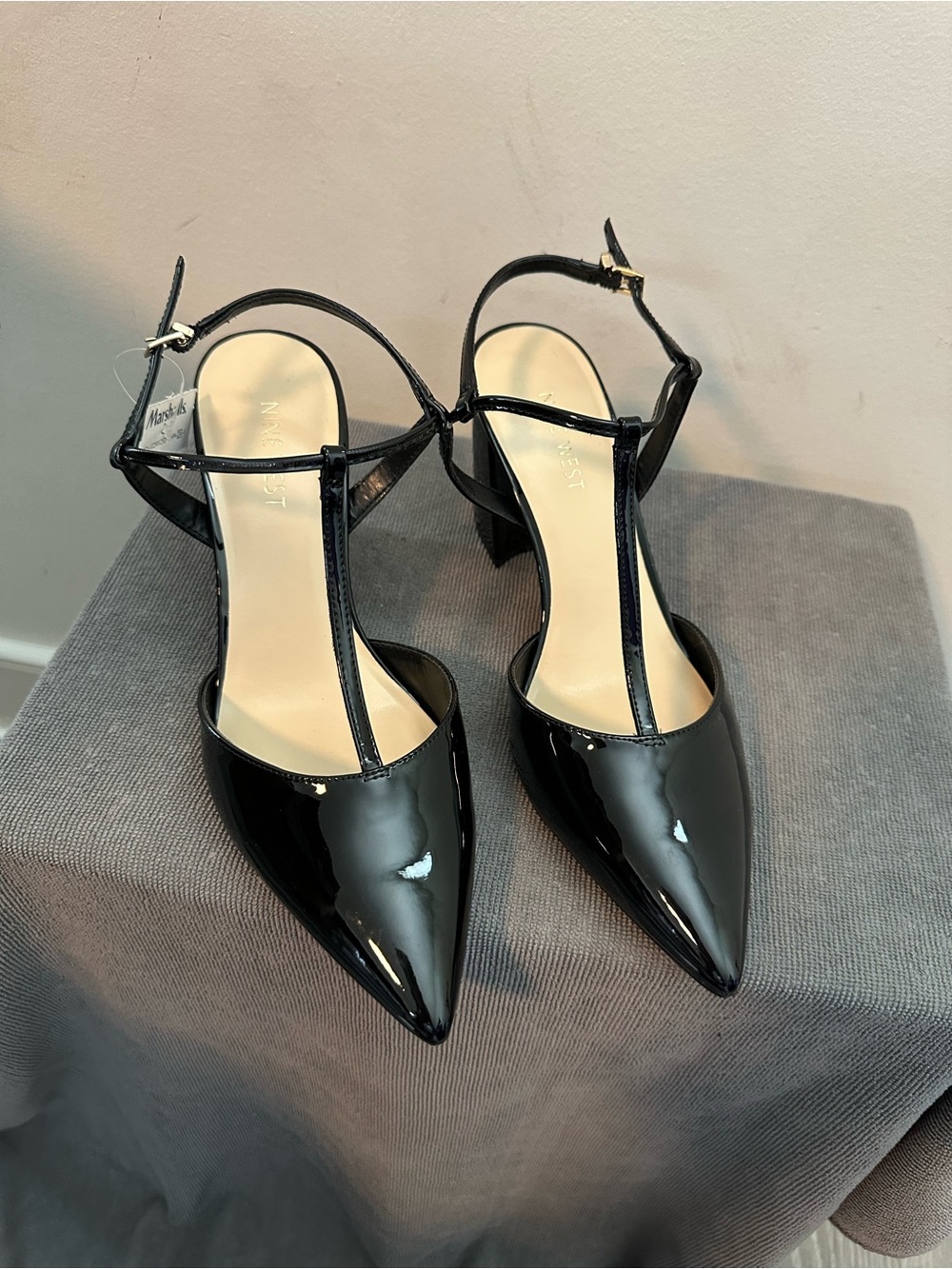 Nine West Black Patent T-Strap Pointed Toe Heels